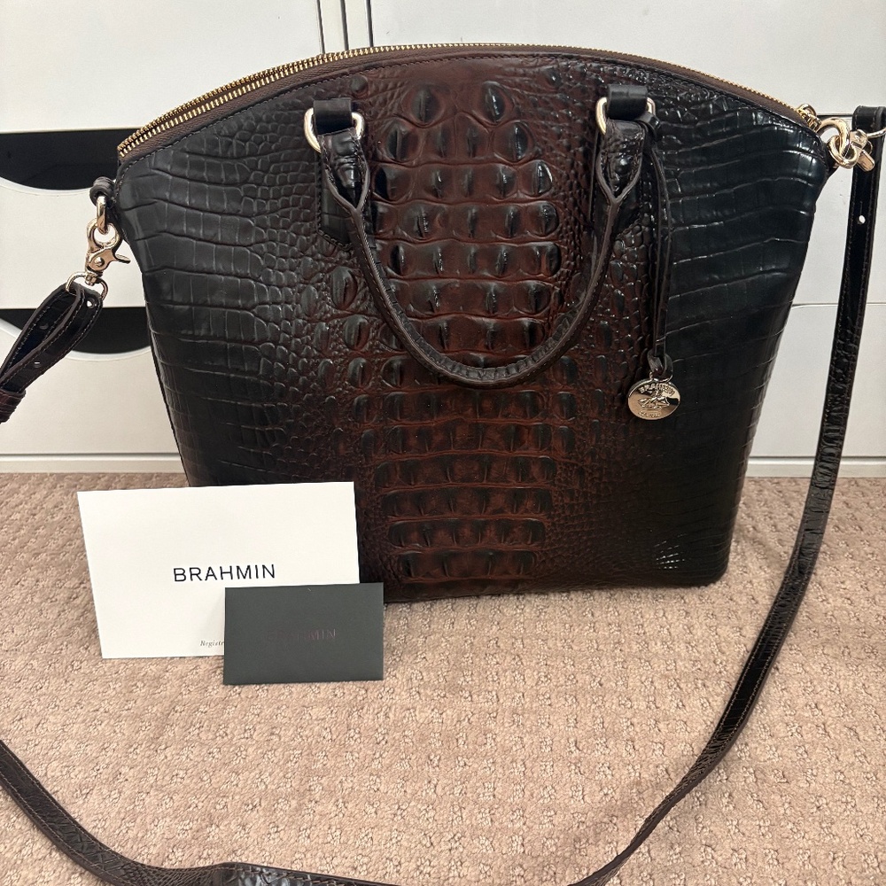 Brahmin Duxbury Satchel in Brown to Black Crocodile